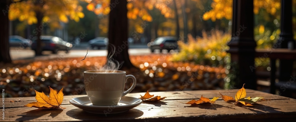 Cup of coffee on cafe table street view in fall autumn leaves Cup of coffee on cafe table street view in fall autumn leaves