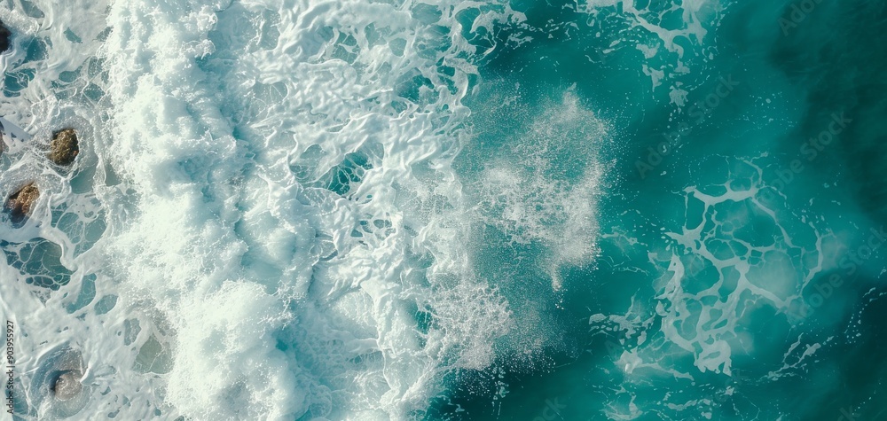 Naklejka premium Aerial view of turquoise ocean waves crashing against rocks, creating white foam and splashes in a dynamic seascape.
