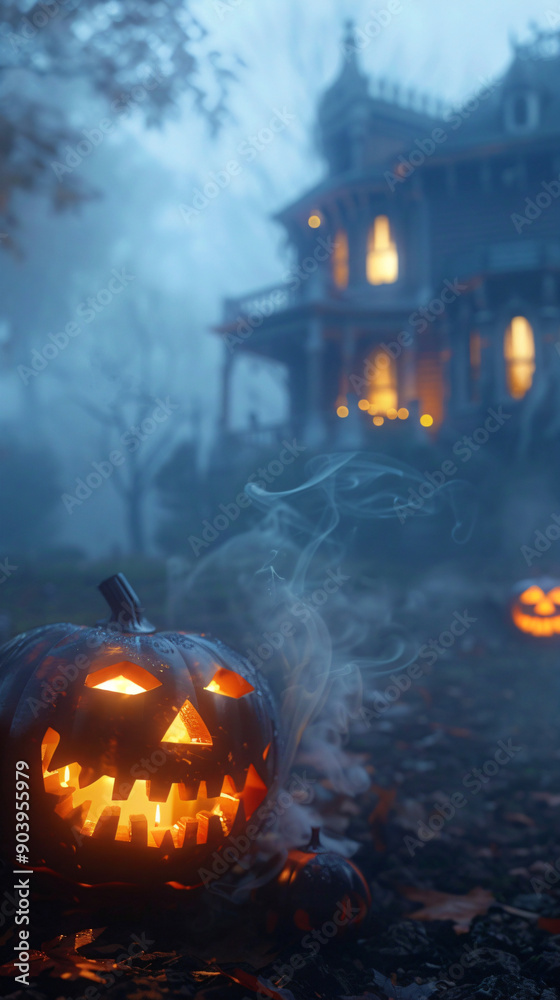 halloween pumpkin with a scary glowing face in front of a haunted house at night with fog halloween pumpkin with a scary glowing face in front of a haunted house at night with fog
