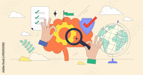 Artificial intelligence global governance tiny person neubrutalism concept. AI leadership and management to protect user data, information and safety vector illustration. Machine learning regulation.