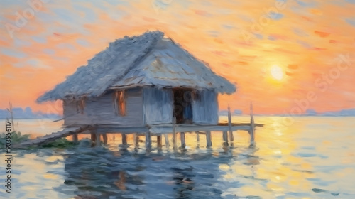 Tropical beach house at sunset in an impressionist style © Kseniya