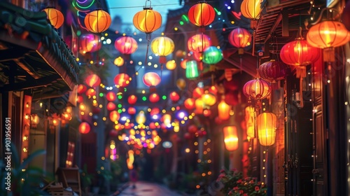 A street adorned with colorful lanterns and festive lights during a night festival.