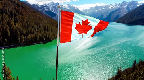 Aerial view of Canadian flag waving over a vibrant green lake


