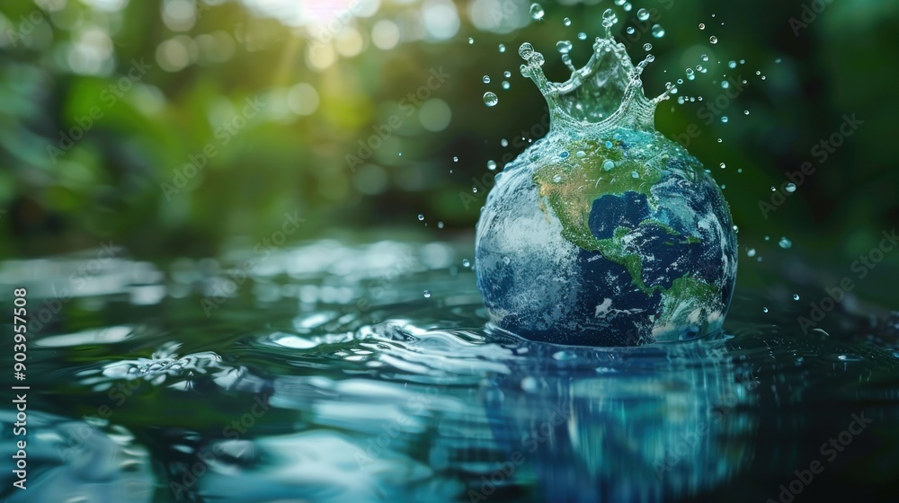 Earth Globe Submerged in Water with a Splashing Crown of Droplets Earth Globe Submerged in Water with a Splashing Crown of Droplets