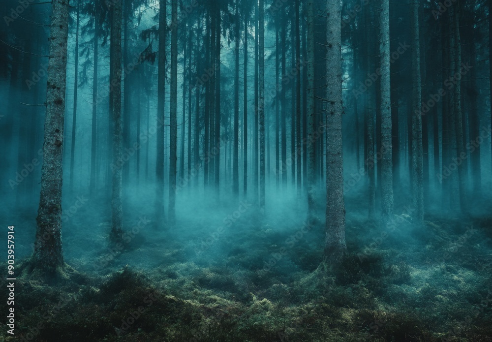 Obraz premium A dense forest with tall trees shrouded in thick mist, creating an ethereal and mystical atmosphere