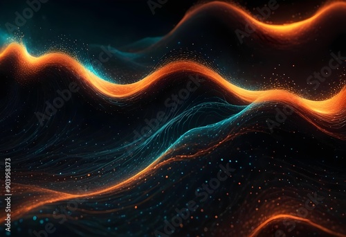 Abstract digital wave of neon orange particles in a dark setting, with glowing red and orange particles creating a contrast against the deep black abstract background