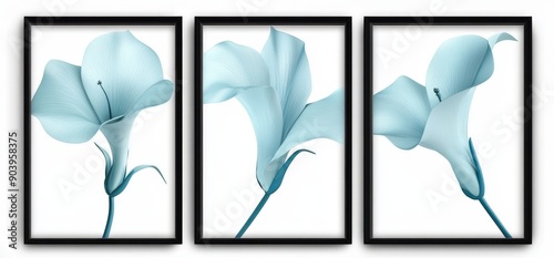 There are three white canvases with blue roses on them. Simple and elegant.
