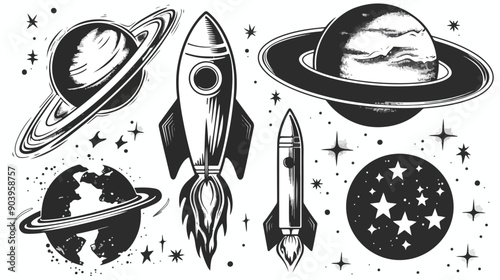 Black and White Space Labels - Planets Galaxies Illustration