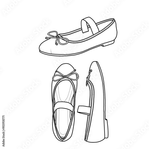 Pair of ballet shoes round-toe stylish with bow accessories and strap-on top. Mary Jane flats. Vector illustration. Line drawing sketch, isolated vector on a white background.