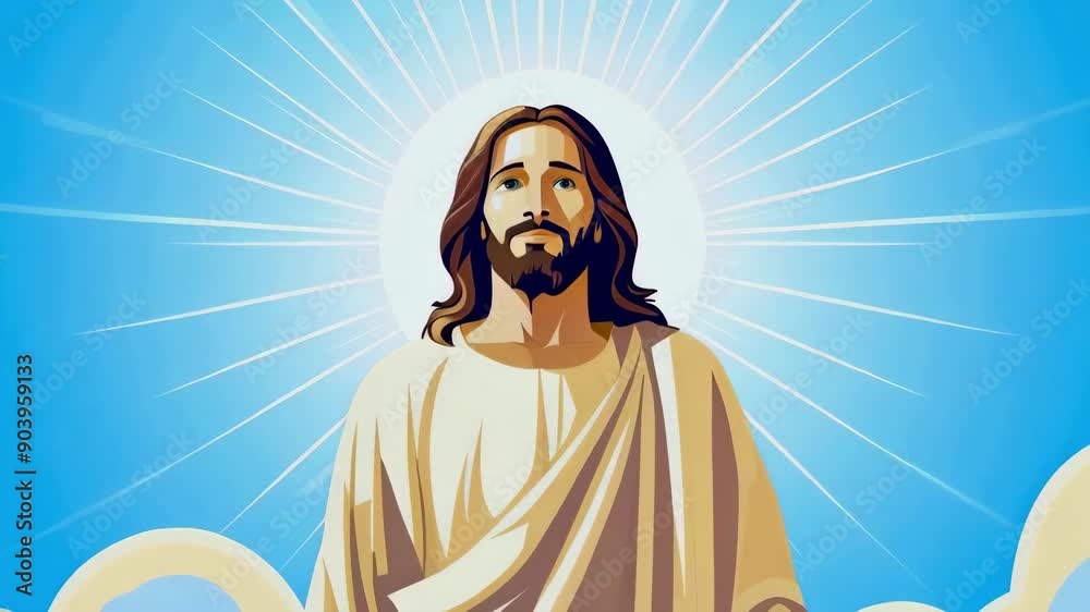 Christ Animation jesus christ in blue sky, with sun rays and halo flat design animation ...
