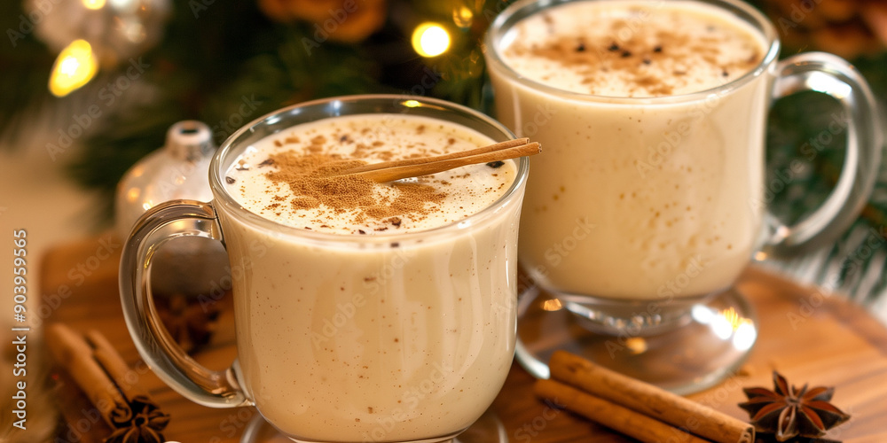 Eggnog in clear mugs placed on a table with ground nutmeg and cinnamon sticks in view Eggnog in clear mugs placed on a table with ground nutmeg and cinnamon sticks in view