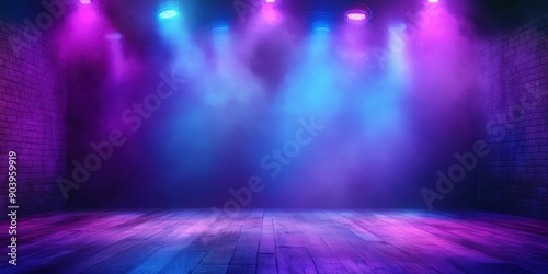  A stage with blue and purple lights shining on the wall , Empty room with neon brick wall , fog, light