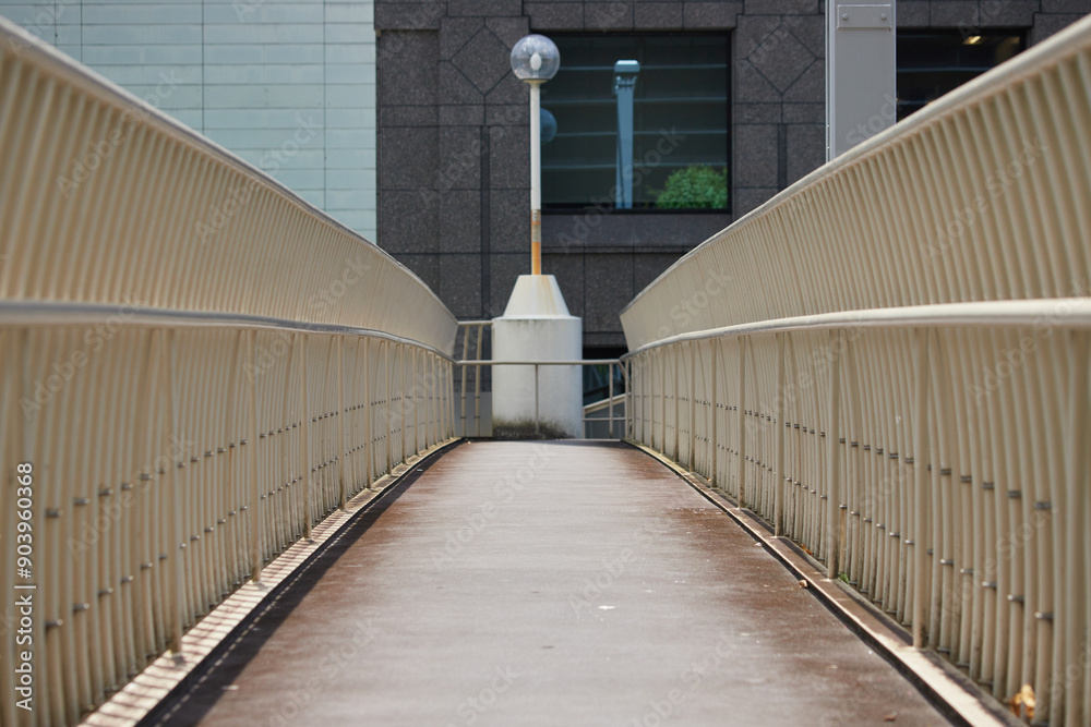 Obraz premium 夏の昼の都市の街の連絡通路の階段とバリアフリーの施設の様子
