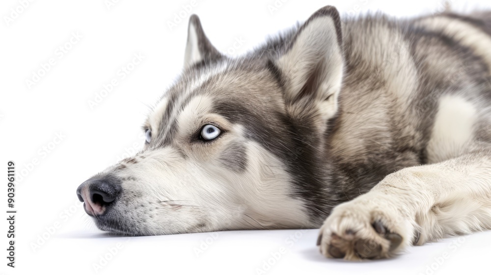 Fototapeta premium Husky laying over white background