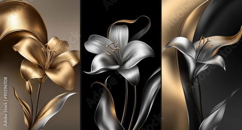 Golden and silver flowers on canvases. Plant art design.