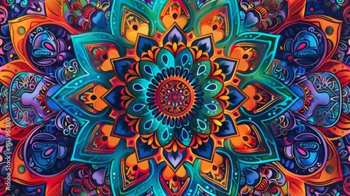 Abstract background with intricate mandala patterns in vibrant, contrasting colors.