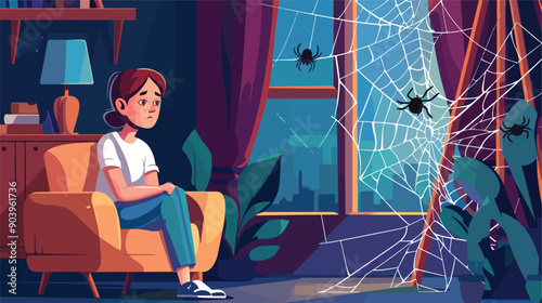 Fearful Woman Facing Arachnophobia - Spiders Concept