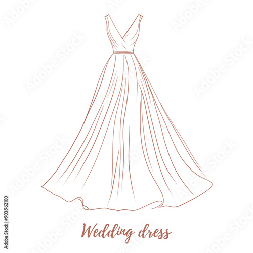 Vector line wedding beautiful elegant dress. Line art illustration. Celebration. Wedding invitation. Save the date. Great for any designs, textile, art, walls, package