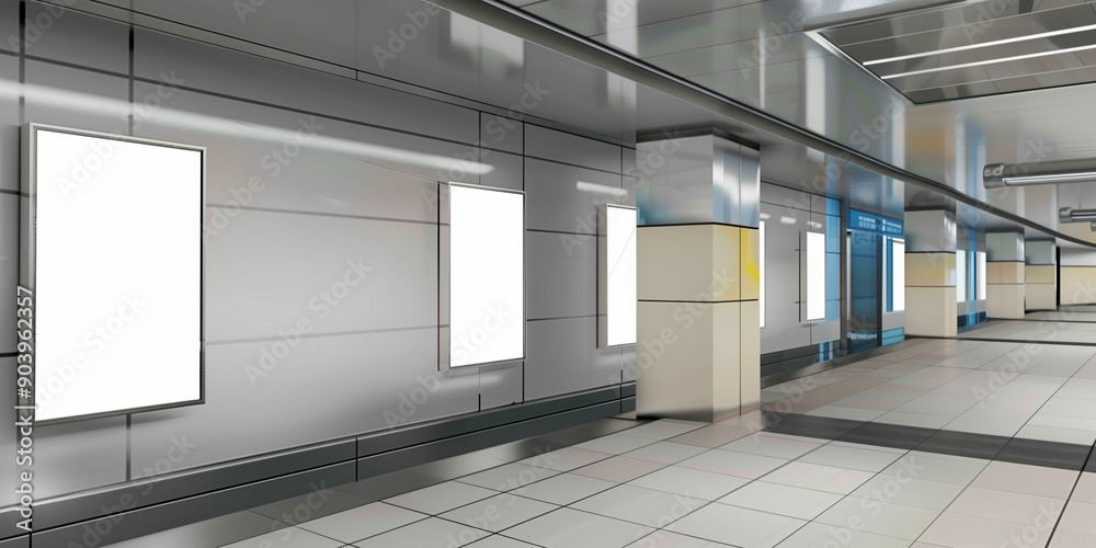 high-quality image featuring an empty poster mockup displayed in a modern subway station in a bustling city high-quality image featuring an empty poster mockup displayed in a modern subway station in a bustling city