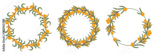 Illustration of three sea buckthorn berries wreaths with green leaves, featuring circular arrangements of the fruit and foliage.
