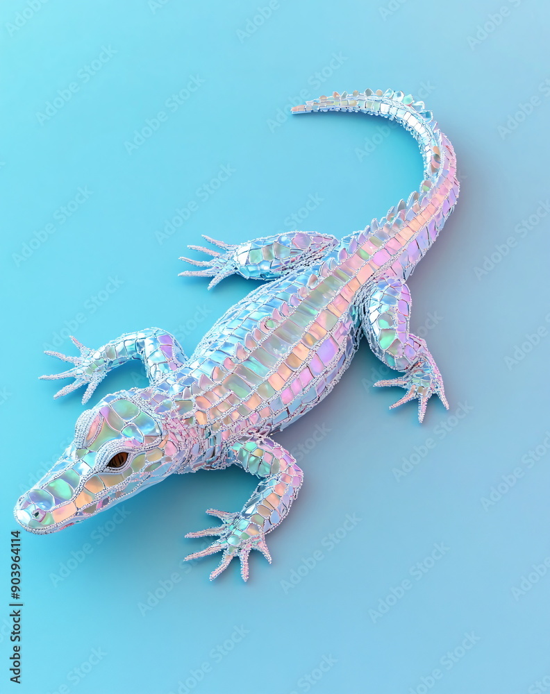 Naklejka premium shimmering silver crocodile on bluish green in pastel colors background