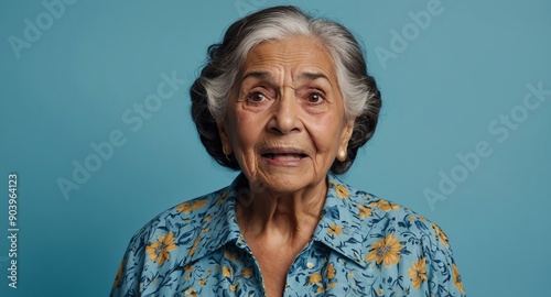 hispanic elderly woman plain blue background looking happy amazed surpised wow shocked expression with copy space © SevenThreeSky