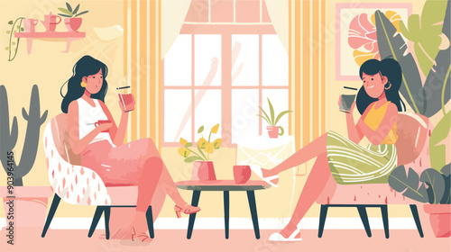 Happy girlfriends enjoying a drink together in a cozy apartment setting