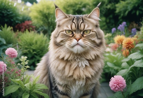 a high-quality, funny portrait of a fluffy grumpy cat outdoors