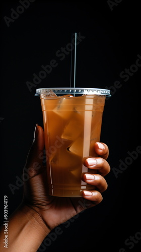 hand holding a cold coffee with ice cubes and straw in a transparent cup against a black background photo