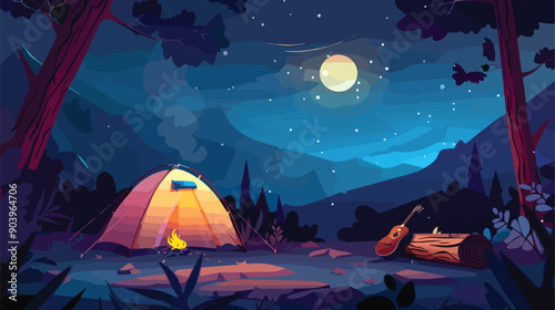 Serene Summer Camp Scene with Tent, Campfire, and Guitar at Night Time