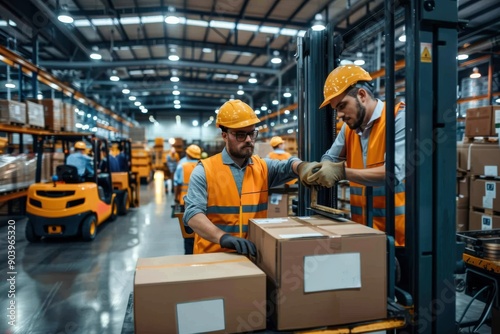 Two warehouse workers in safety vests and helmets are engaged in handling and organizing boxes in a spacious, well-lit warehouse, emphasizing teamwork and efficiency.