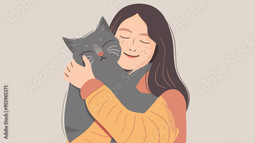 Happy Woman Hugging Cat - Cartoon Vector Illustration