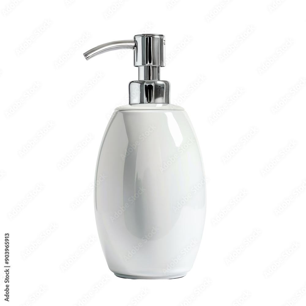 Obraz premium White ceramic soap dispenser with a chrome pump on a white background.