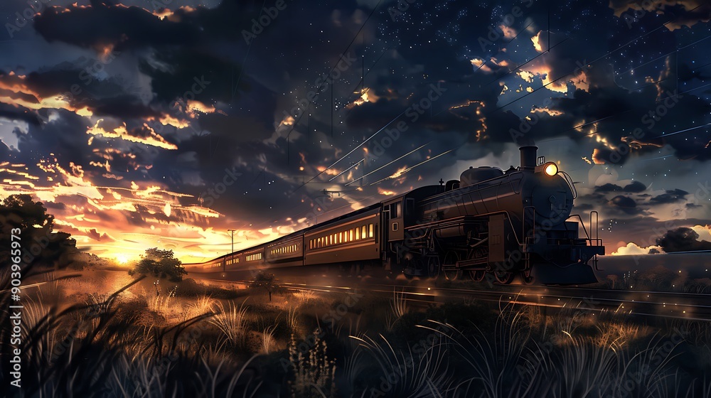 Vintage Steam Locomotive Chugging Through the Night Under a Starry Sky ...