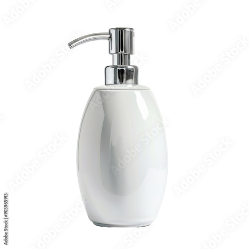 White ceramic soap dispenser with a chrome pump on a white background.
