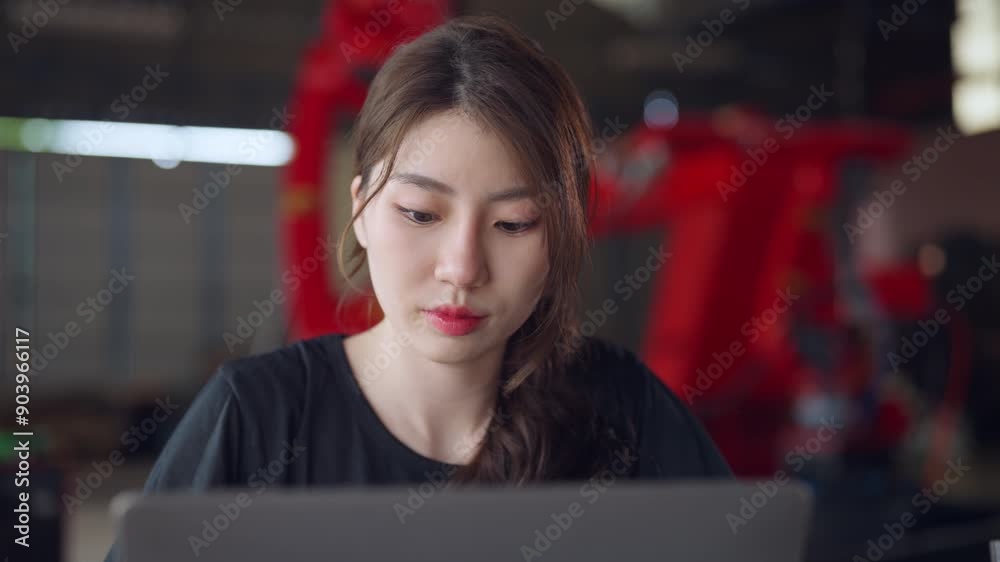 Focused female engineer working on her laptop in a factory, with red industrial machinery in the background. Focused female engineer working on her laptop in a factory, with red industrial machinery in the background.