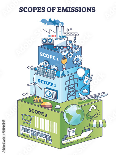 Scopes of emissions and CO2 pollution causes in outline pyramid diagram. Labeled scheme with logistics and cargo transportation, electricity production and manufacturing effects vector illustration.
