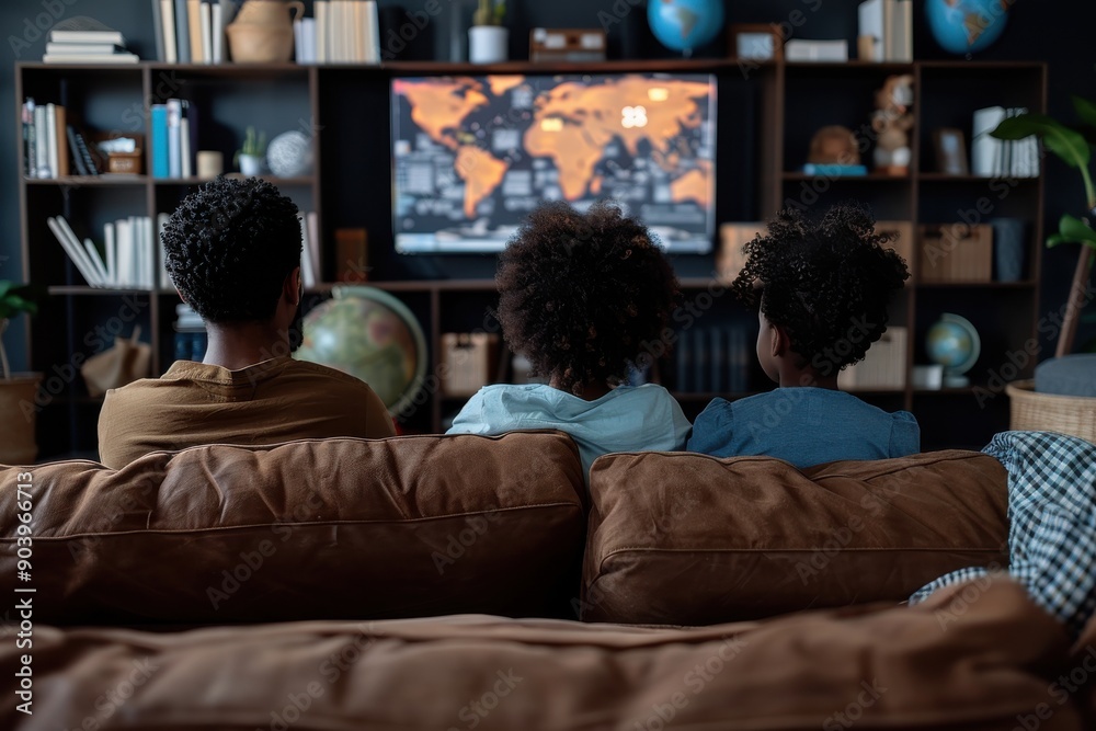 Obraz premium A family of three watches a world map program on a large screen, sitting cozy on their couch, surrounded by bookshelves and decor featuring a modern home interior setting.