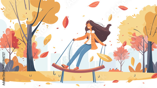 Happy Woman on Seesaw with Long Hair - Joyful and Carefree Lifestyle Concept