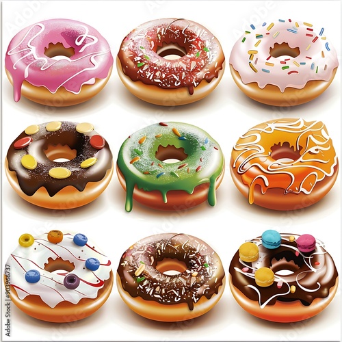 Nine Deliciously Glazed Donuts with Colorful Toppings.