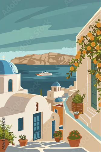 Retro Travel Poster of Geometric Illustration of Greece with Scenic View and Cruise Ship in Santorini