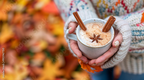 woman holding a mug of autumn fall sesonal spice hot drink, and wear knitted cozy clothes photo