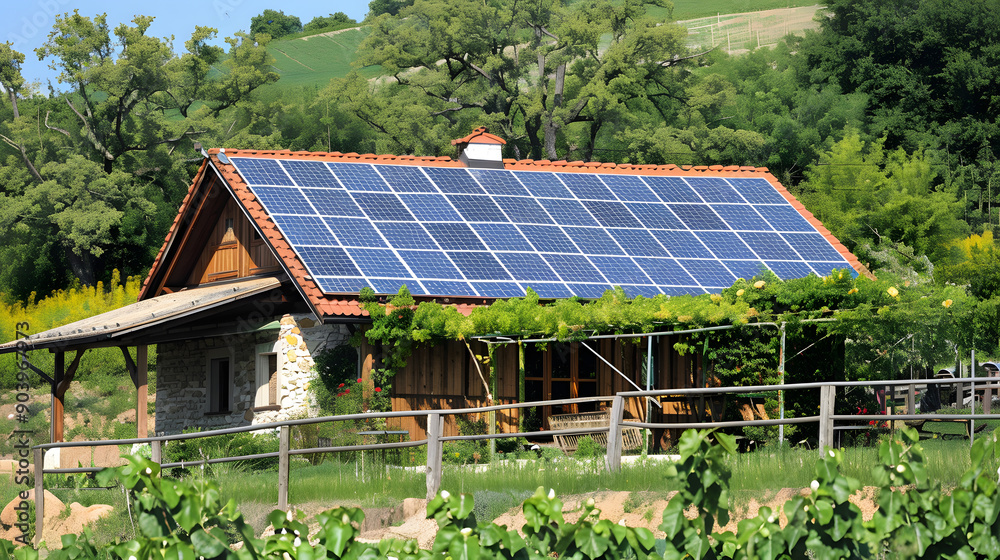 A photograph shows a solar panel mounted on the roof of an old cabin in nature. surrounded by trees and greenery A photograph shows a solar panel mounted on the roof of an old cabin in nature. surrounded by trees and greenery