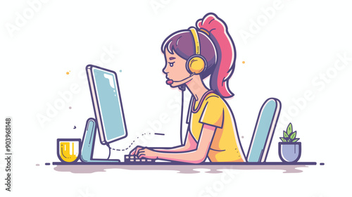 Professional Woman at Computer, Hotline Operator Answering Calls