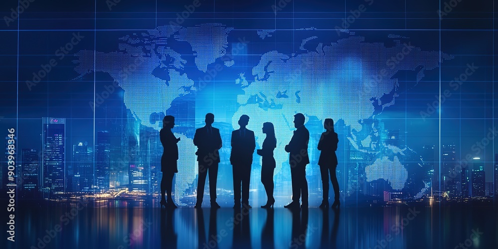 Business team standing in front of the digital world, silhouette double exposure photography in hyper realistic style, representing global connectivity, technology, and teamwork. Business team standing in front of the digital world, silhouette double exposure photography in hyper realistic style, representing global connectivity, technology, and teamwork.