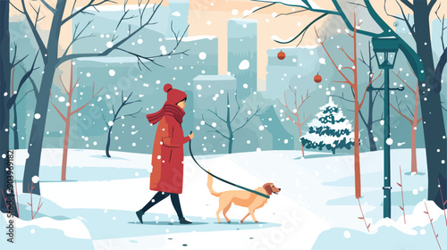 Woman Walking Her Dog in Winter Snow