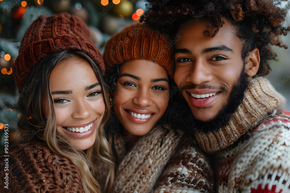 Winter Portrait of Three People Smiling at the Camera During Christmas and New Year. Capturing the Warmth, Joy, and Festive Spirit of the Holiday Season. A Heartfelt Scene Reflecting Togetherness, Kin Winter Portrait of Three People Smiling at the Camera During Christmas and New Year. Capturing the Warmth, Joy, and Festive Spirit of the Holiday Season. A Heartfelt Scene Reflecting Togetherness, Kin