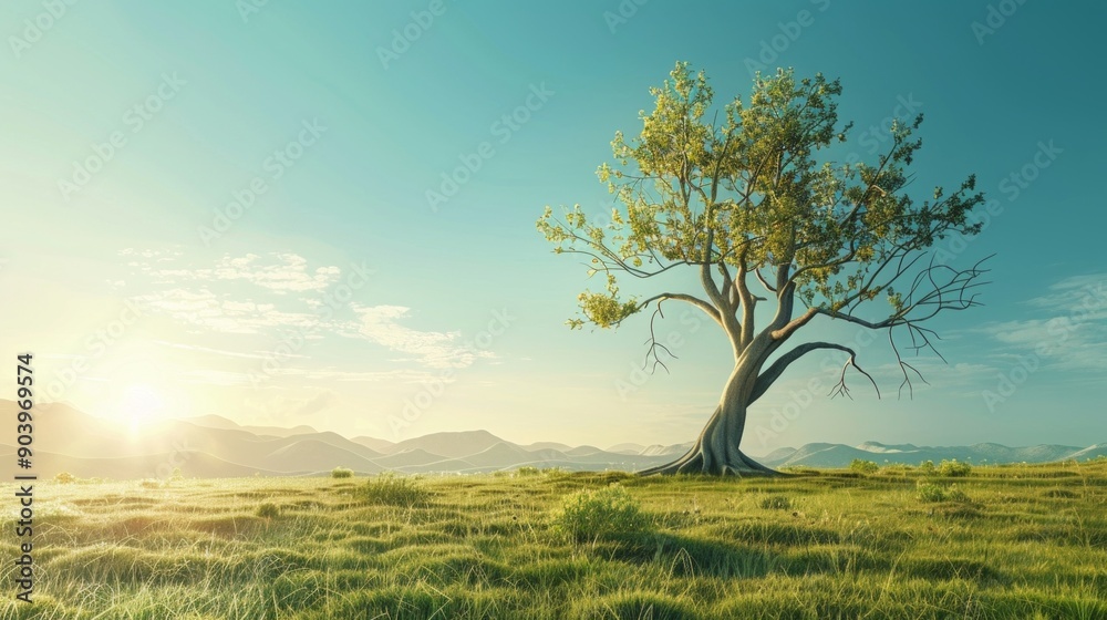 Obraz premium A serene scene with a unique tree in a grassy field, bright sun, and hills in the distance, creating a peaceful atmosphere of fertile land.