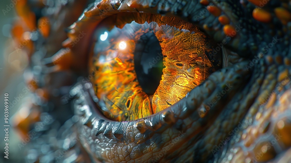 Obraz premium Close-up view of a dragon's orange and blue eye with dark scales, creating a vivid and mysterious appearance, highlighting its mythical nature.