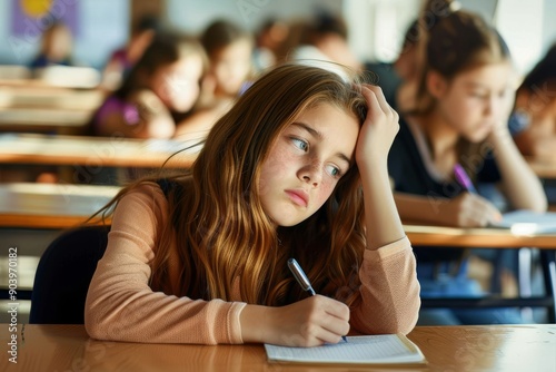 Bored schoolgirl writing on a class at elementary school